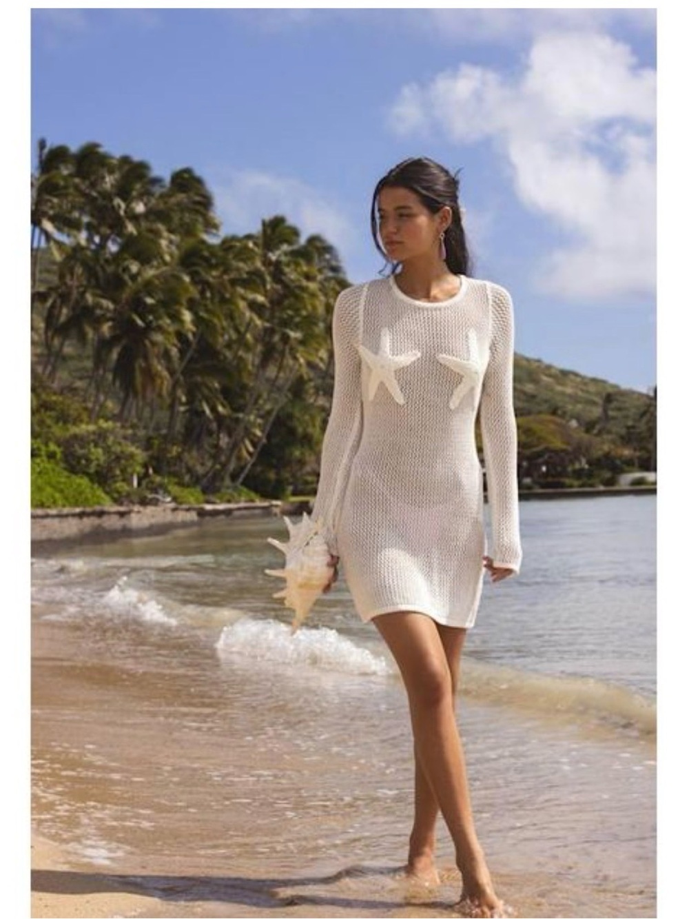 NWT Lulus Arizbeth Crochet Sheer White Starfish Knit Cover-Up Dress Swim Large